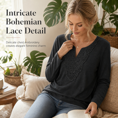 Blouse ample à manches longues et col V en dentelle bohème pour femme