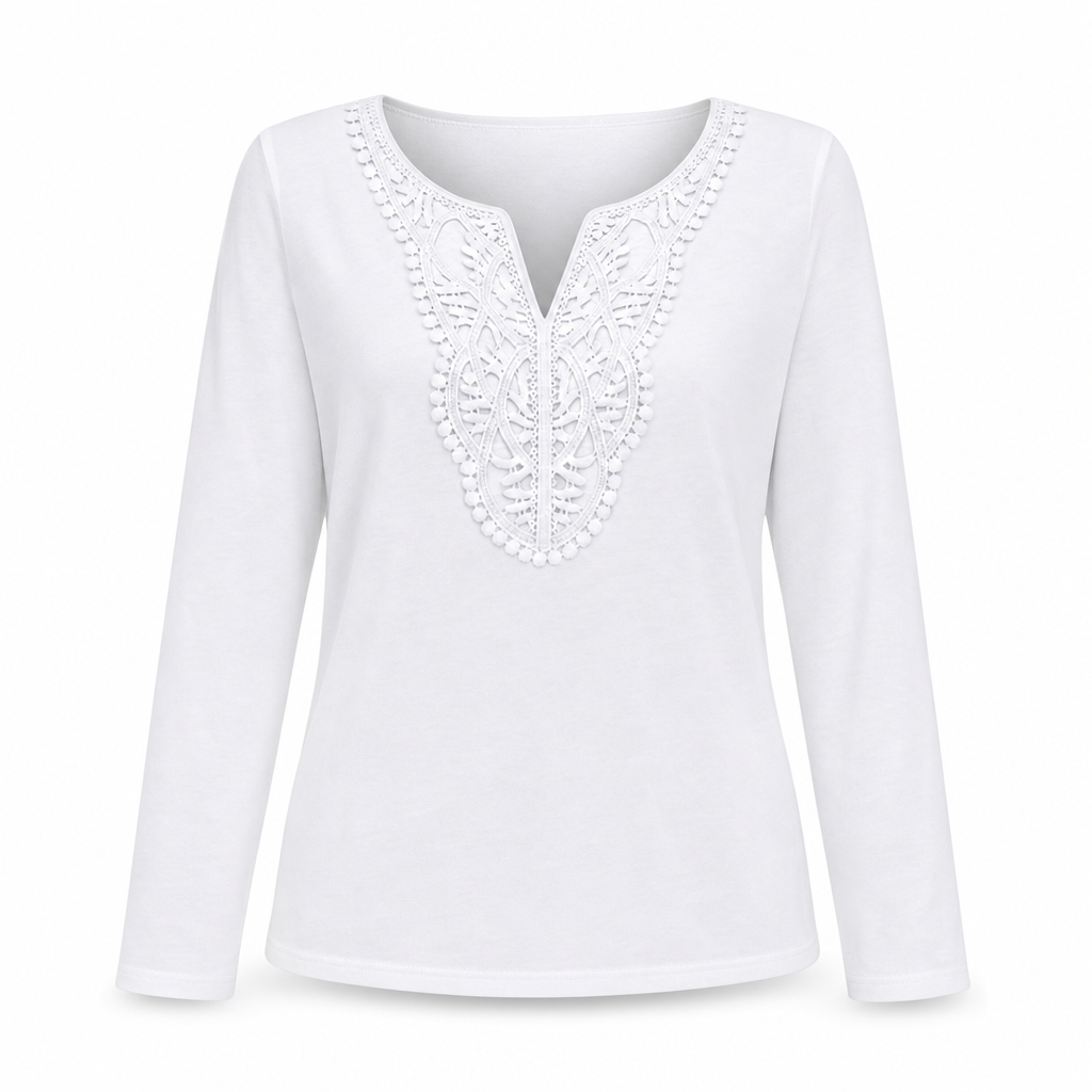 Blouse ample à manches longues et col V en dentelle bohème pour femme