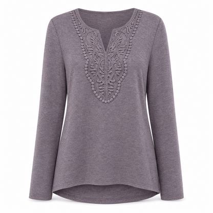 Blouse ample à manches longues et col V en dentelle bohème pour femme