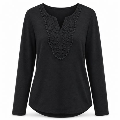 Blouse ample à manches longues et col V en dentelle bohème pour femme