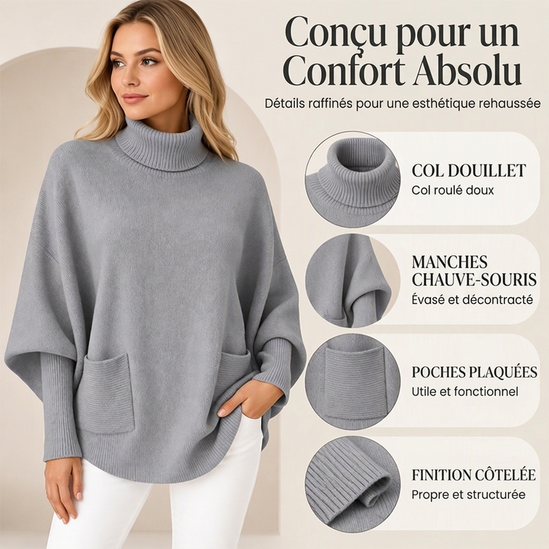 Pull en maille femme à col roulé et manches chauve-souris