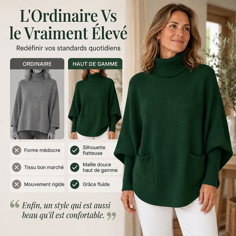 Pull en maille femme à col roulé et manches chauve-souris
