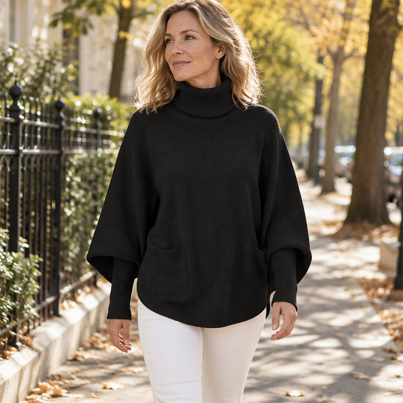 Pull en maille femme à col roulé et manches chauve-souris