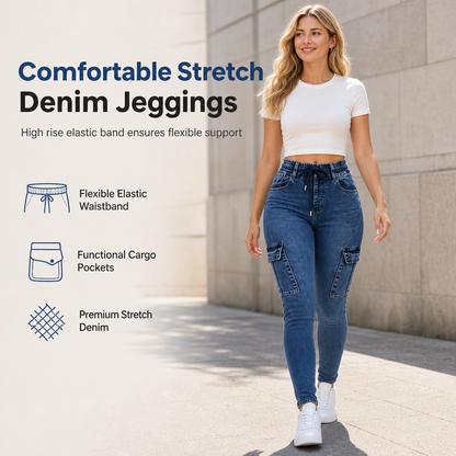 Jegging cargo taille haute élastique à cordon de serrage pour femme, pantalon en jean moulant