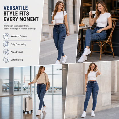 Jegging cargo taille haute élastique à cordon de serrage pour femme, pantalon en jean moulant