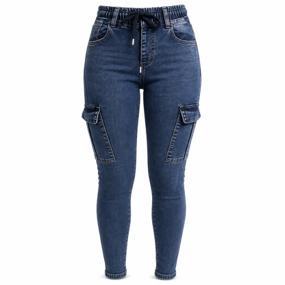 Jegging cargo taille haute élastique à cordon de serrage pour femme, pantalon en jean moulant