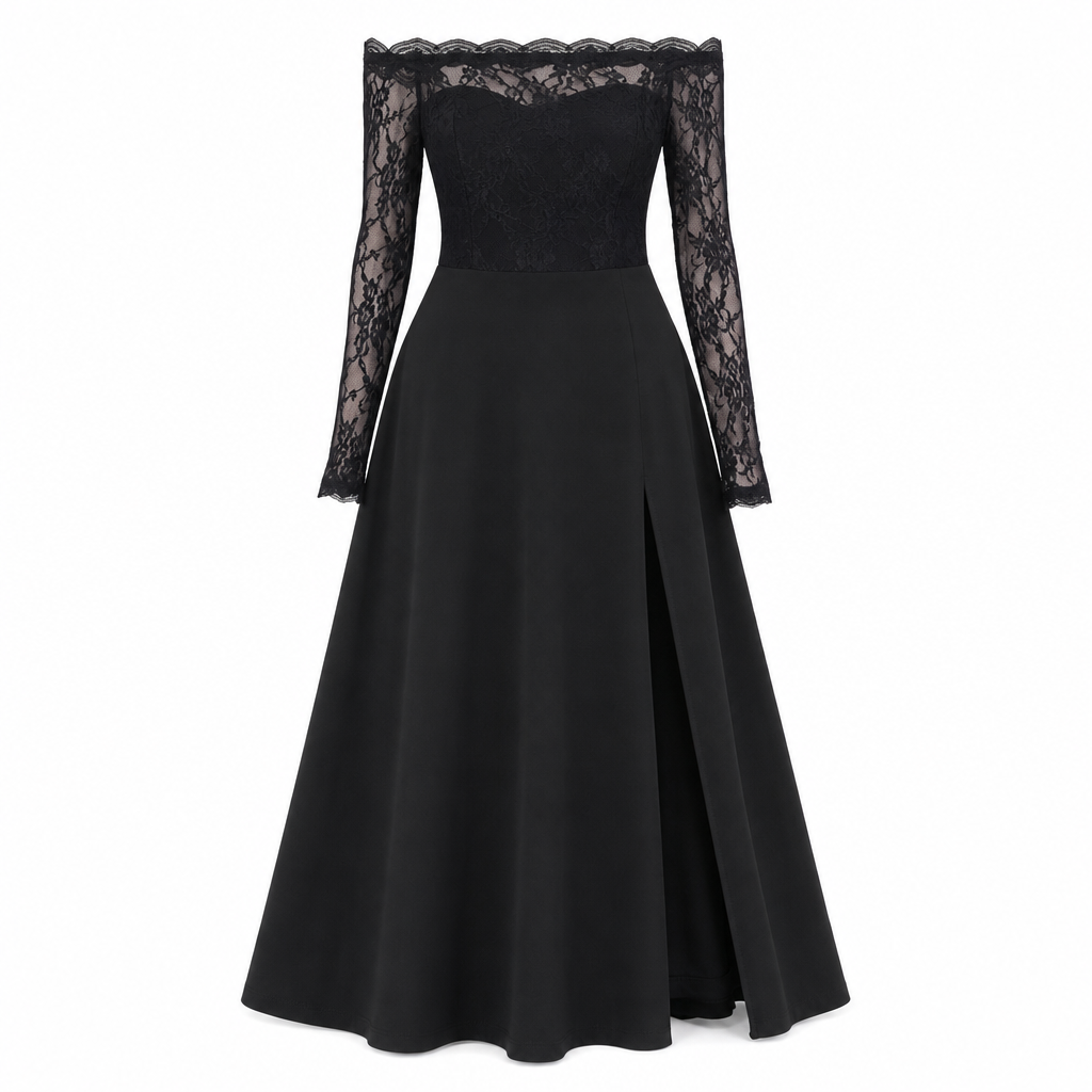 Robe longue en dentelle à manches longues et épaules dénudées pour femme, grande taille