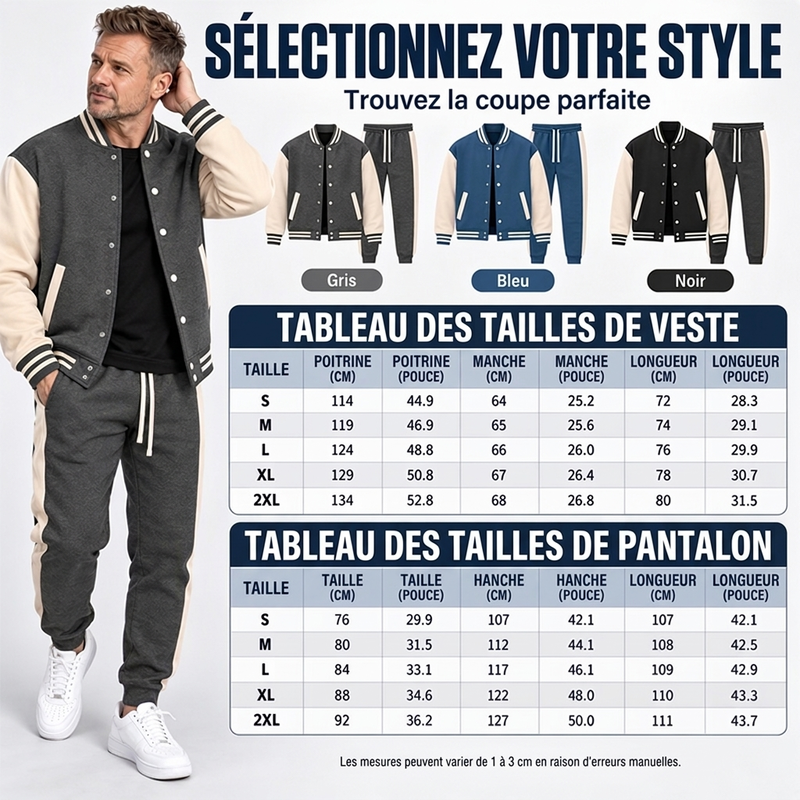 💖Soldes ! Prix cassés💖Ensemble veste de baseball et pantalon color-block pour homme