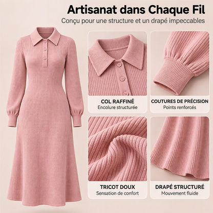 Robe en tricot côtelé à col rabattu pour femme