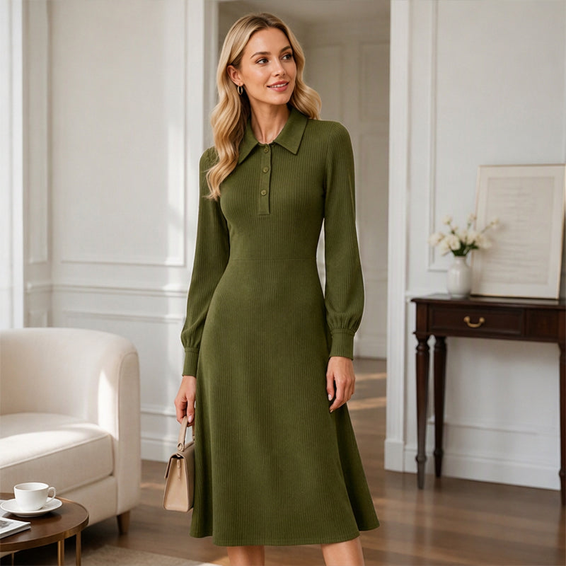 Robe en tricot côtelé à col rabattu pour femme