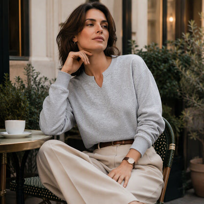 Sweat-shirt décontracté à col V fendu pour femme