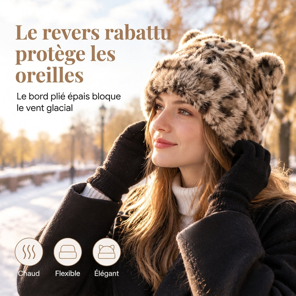 Bonnet d'hiver en fausse fourrure de vison pelucheuse pour femme avec oreilles d'ourson mignonnes - Bonnet chaud pour temps froid