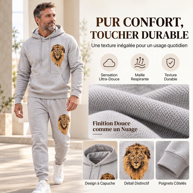 Ensemble pull à capuche et pantalon de survêtement à motif lion pour homme