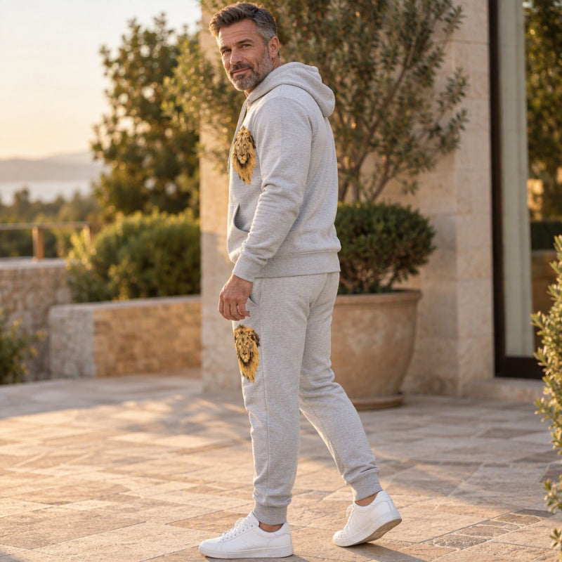 Ensemble pull à capuche et pantalon de survêtement à motif lion pour homme