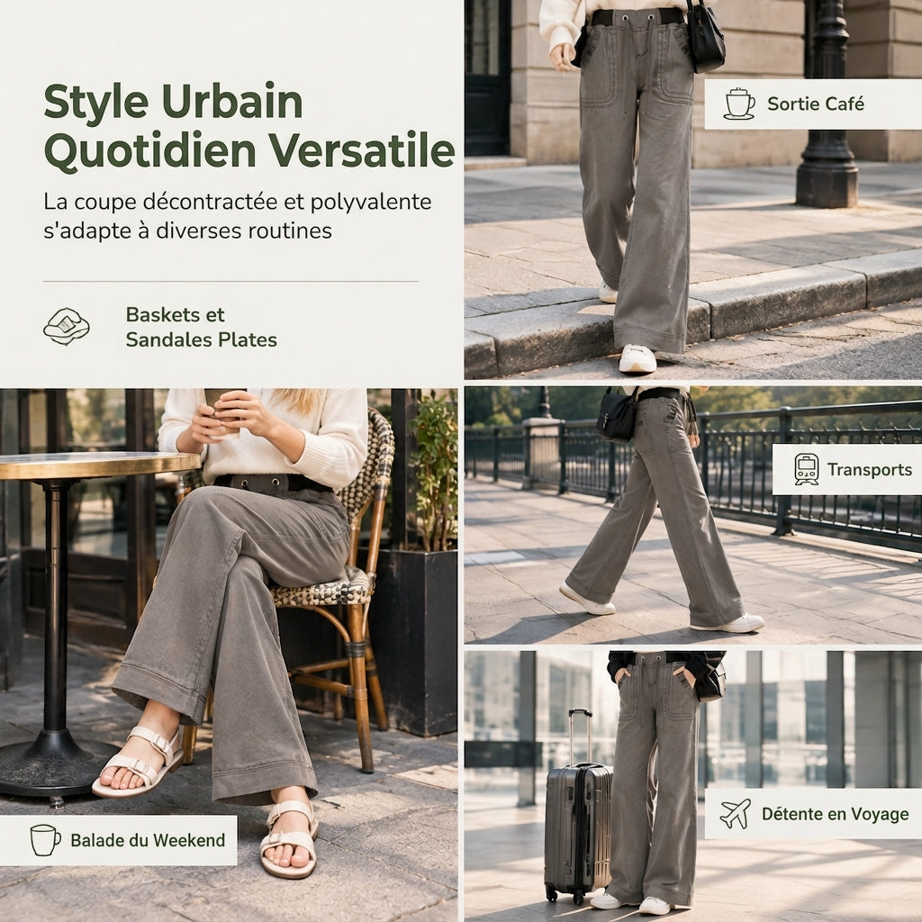 Jean American Vintage taille basse légèrement évasé, avec ceinture élastiquée à cordonnet et poches patteilleuses