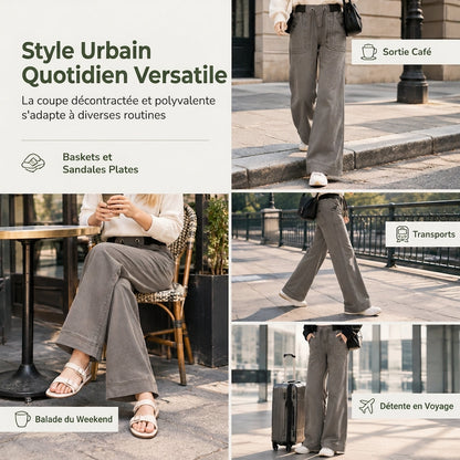 Jean American Vintage taille basse légèrement évasé, avec ceinture élastiquée à cordonnet et poches patteilleuses