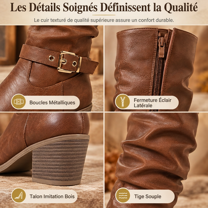 Bottes western montantes genouillères pour femmes, bottes d'équitation vintage à talon bloc épais et design slouchy, avec fermeture éclair latérale, boucle et bout rond
