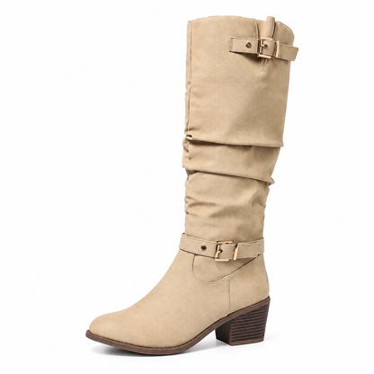 Bottes western montantes genouillères pour femmes, bottes d'équitation vintage à talon bloc épais et design slouchy, avec fermeture éclair latérale, boucle et bout rond