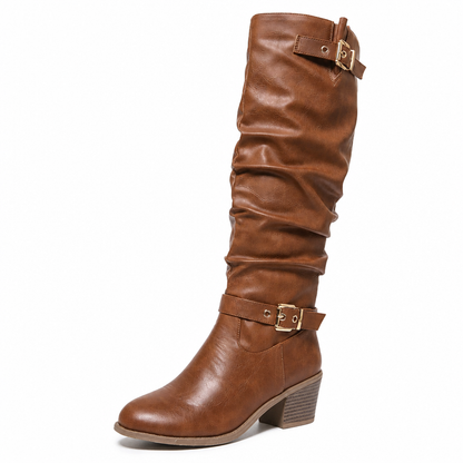 Bottes western montantes genouillères pour femmes, bottes d'équitation vintage à talon bloc épais et design slouchy, avec fermeture éclair latérale, boucle et bout rond