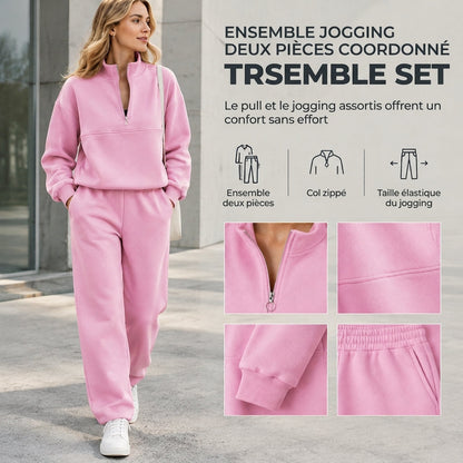 Ensemble pantalon deux pièces décontracté, couleur unie, haut à col rabattu zippé et pantalon long tenue pour l'automne et l'hiver