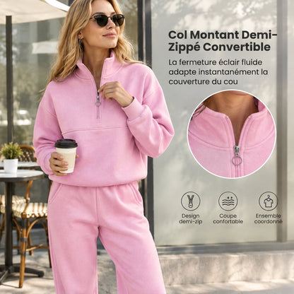Ensemble pantalon deux pièces décontracté, couleur unie, haut à col rabattu zippé et pantalon long tenue pour l'automne et l'hiver