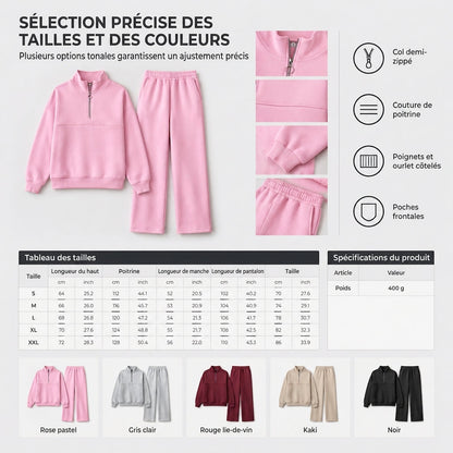 Ensemble pantalon deux pièces décontracté, couleur unie, haut à col rabattu zippé et pantalon long tenue pour l'automne et l'hiver