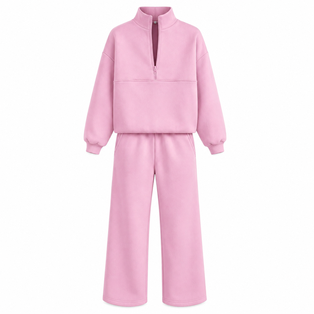 Ensemble pantalon deux pièces décontracté, couleur unie, haut à col rabattu zippé et pantalon long tenue pour l'automne et l'hiver