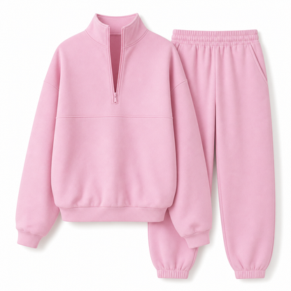 Ensemble pantalon deux pièces décontracté, couleur unie, haut à col rabattu zippé et pantalon long tenue pour l'automne et l'hiver