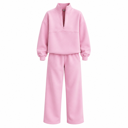 Ensemble pantalon deux pièces décontracté, couleur unie, haut à col rabattu zippé et pantalon long tenue pour l'automne et l'hiver