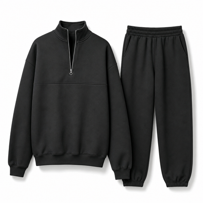 Ensemble pantalon deux pièces décontracté, couleur unie, haut à col rabattu zippé et pantalon long tenue pour l'automne et l'hiver