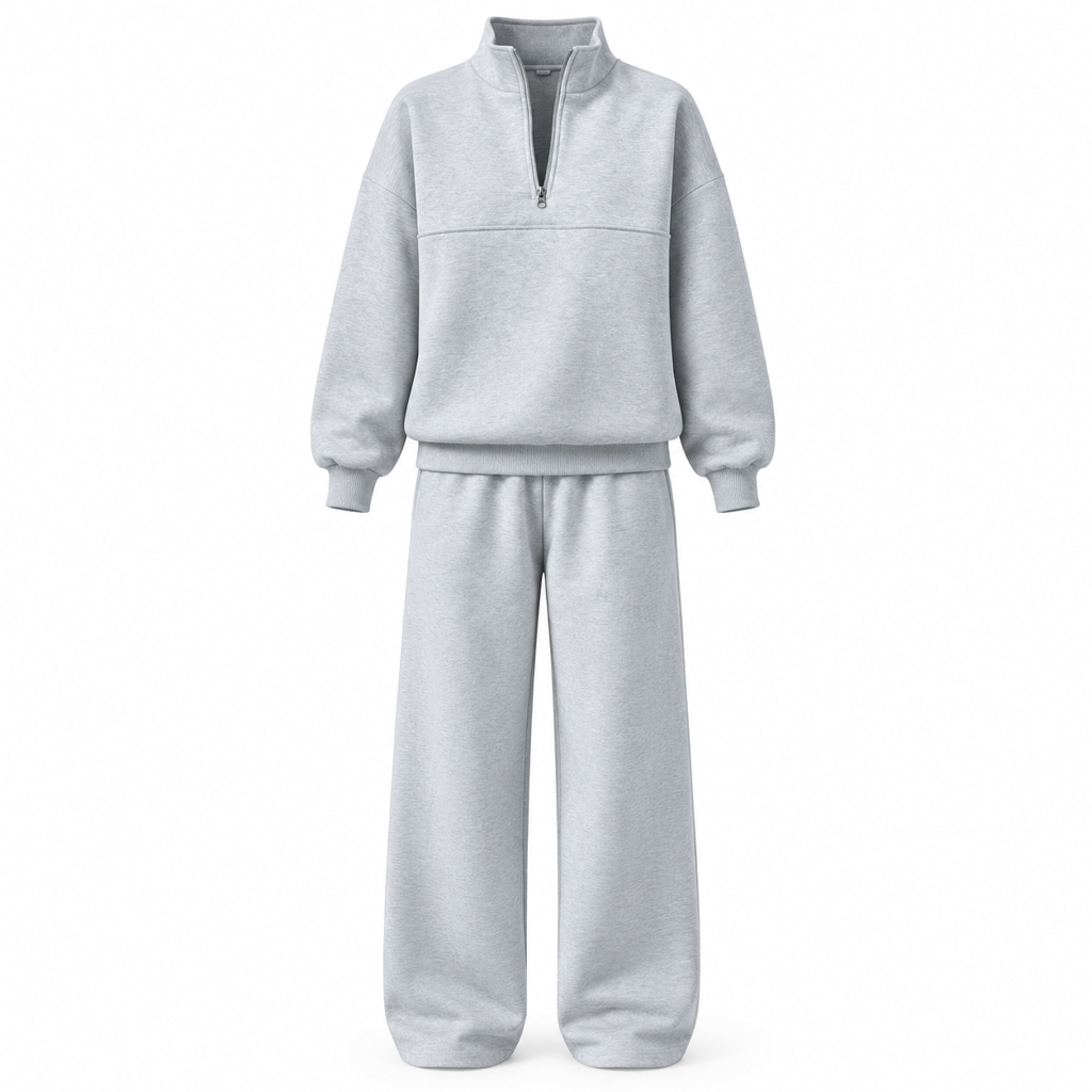 Ensemble pantalon deux pièces décontracté, couleur unie, haut à col rabattu zippé et pantalon long tenue pour l'automne et l'hiver