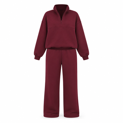 Ensemble pantalon deux pièces décontracté, couleur unie, haut à col rabattu zippé et pantalon long tenue pour l'automne et l'hiver