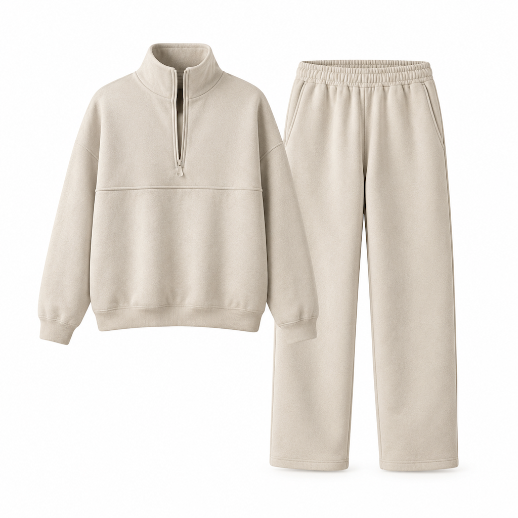 Ensemble pantalon deux pièces décontracté, couleur unie, haut à col rabattu zippé et pantalon long tenue pour l'automne et l'hiver