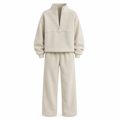 Ensemble pantalon deux pièces décontracté, couleur unie, haut à col rabattu zippé et pantalon long tenue pour l'automne et l'hiver
