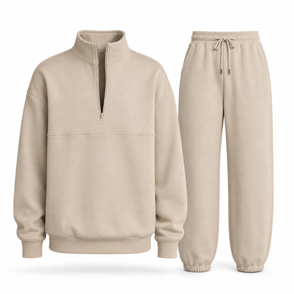 Ensemble pantalon deux pièces décontracté, couleur unie, haut à col rabattu zippé et pantalon long tenue pour l'automne et l'hiver