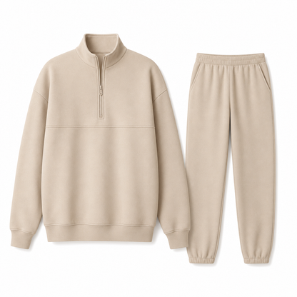 Ensemble pantalon deux pièces décontracté, couleur unie, haut à col rabattu zippé et pantalon long tenue pour l'automne et l'hiver