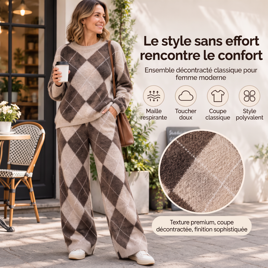Ensemble pull en maille argyle et pantalon à jambe large pour femme