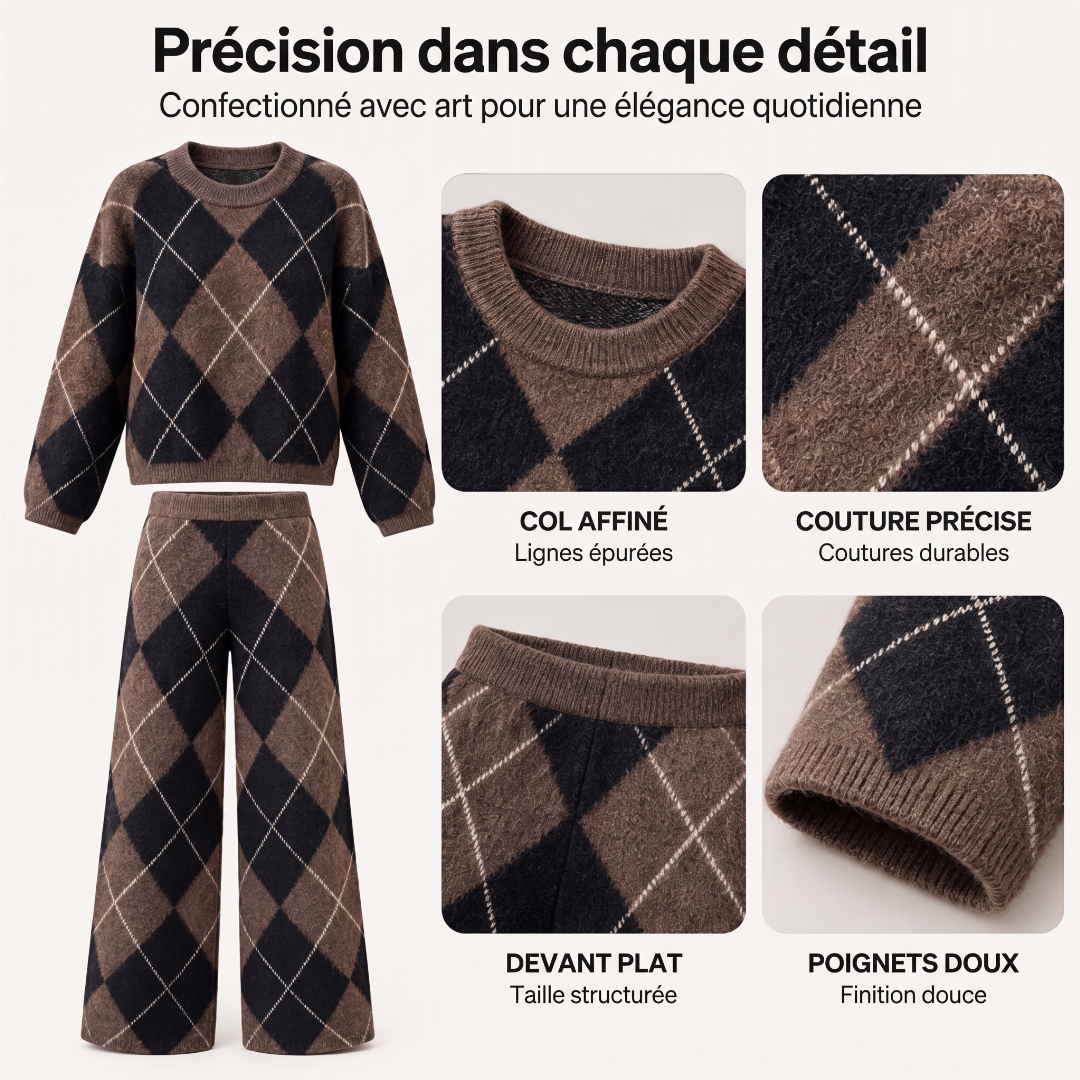 Ensemble pull en maille argyle et pantalon à jambe large pour femme