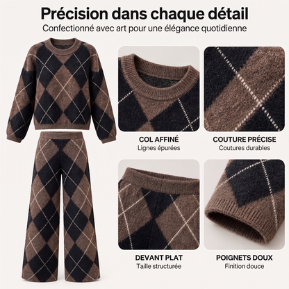 Ensemble pull en maille argyle et pantalon à jambe large pour femme