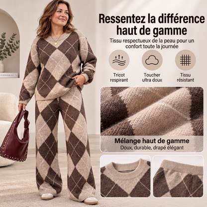 Ensemble pull en maille argyle et pantalon à jambe large pour femme