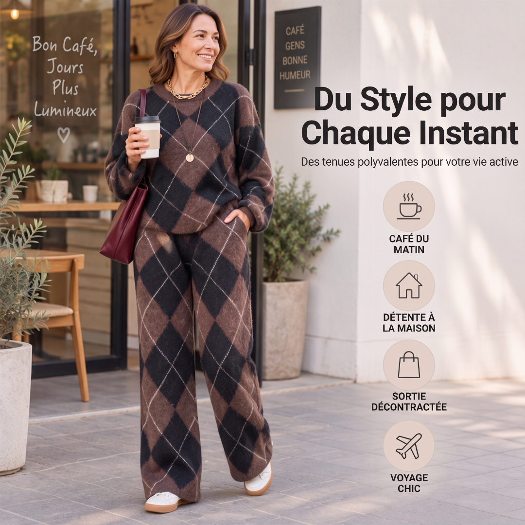 Ensemble pull en maille argyle et pantalon à jambe large pour femme