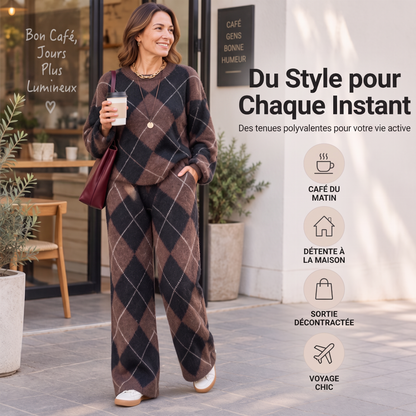 Ensemble pull en maille argyle et pantalon à jambe large pour femme