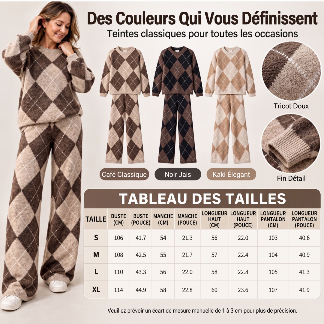 Ensemble pull en maille argyle et pantalon à jambe large pour femme