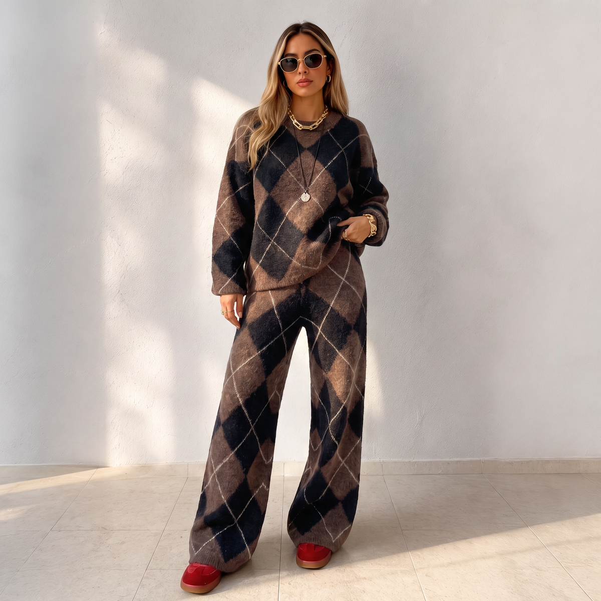 Ensemble pull en maille argyle et pantalon à jambe large pour femme