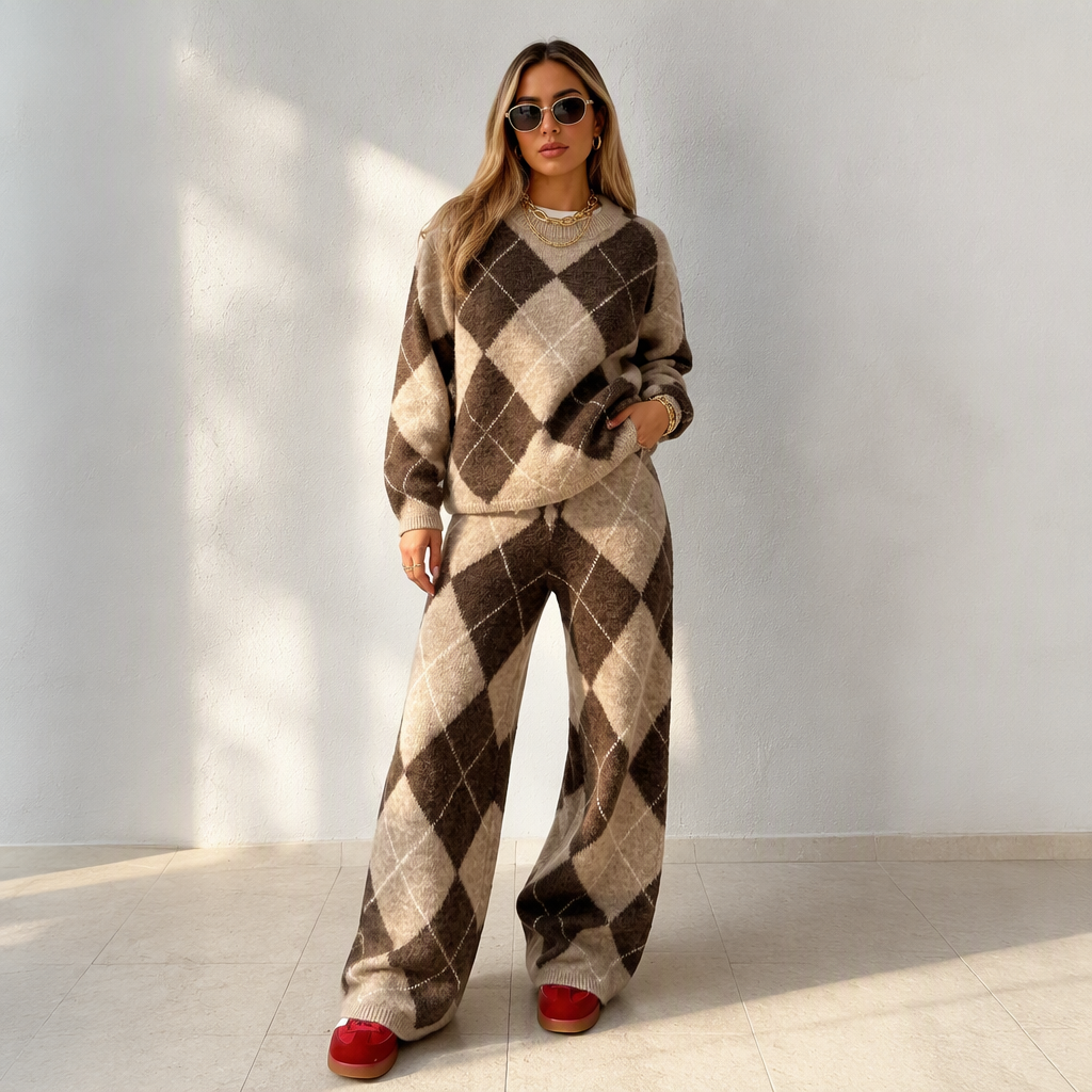Ensemble pull en maille argyle et pantalon à jambe large pour femme
