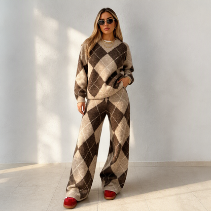 Ensemble pull en maille argyle et pantalon à jambe large pour femme