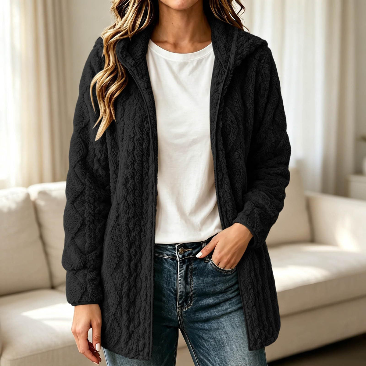 Manteau cardigan à capuche pelucheux décontracté pour femme