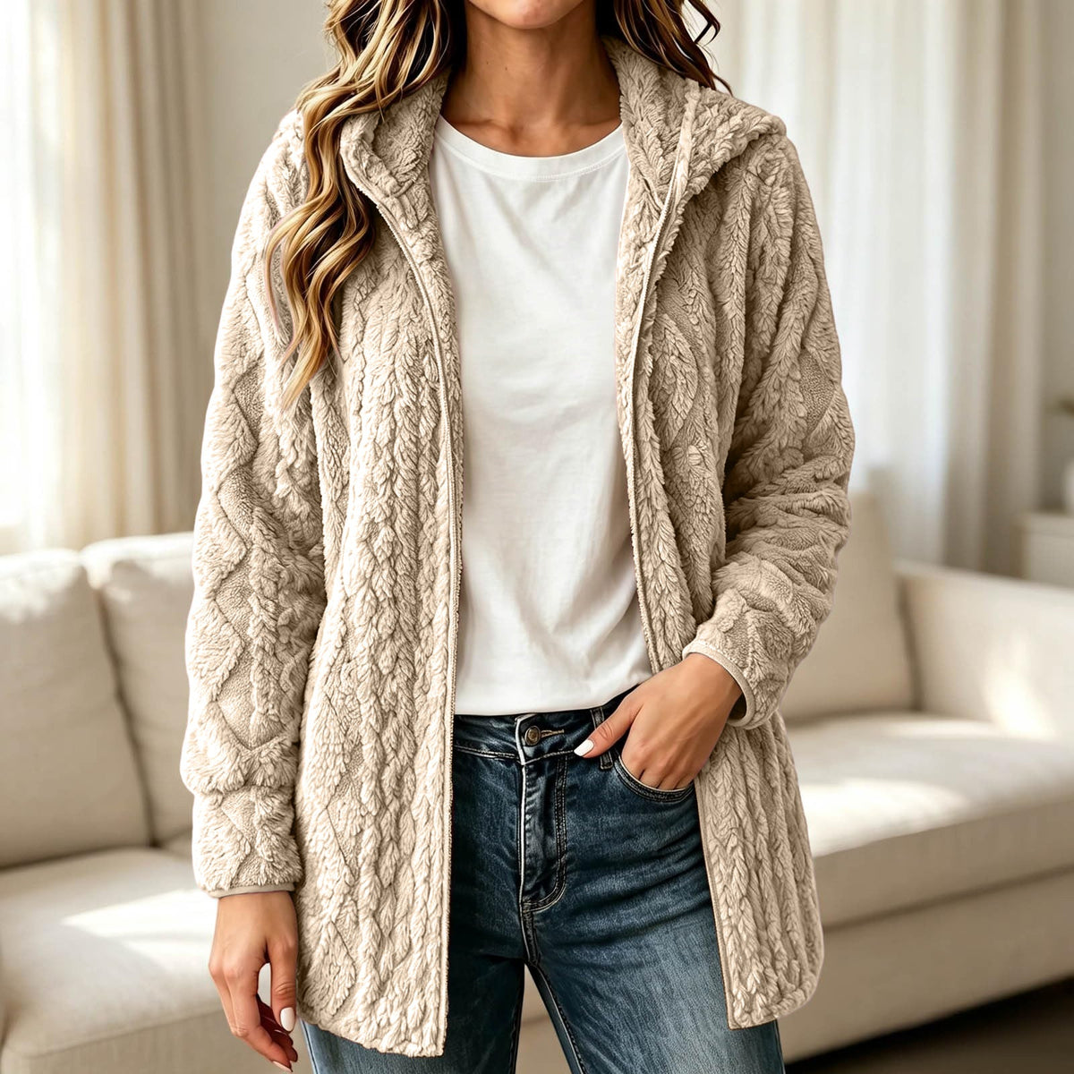 Manteau cardigan à capuche pelucheux décontracté pour femme