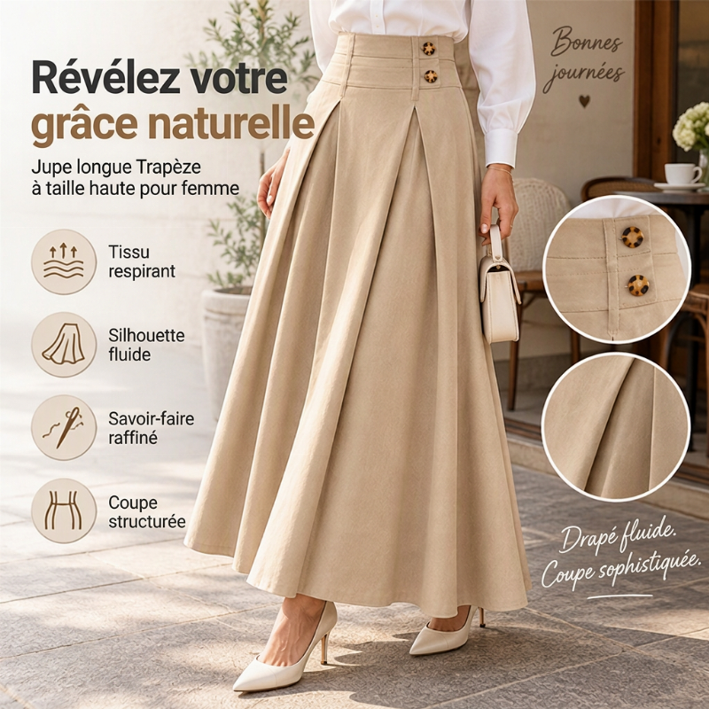 Jupe longue évasée taille haute et plissée pour femme