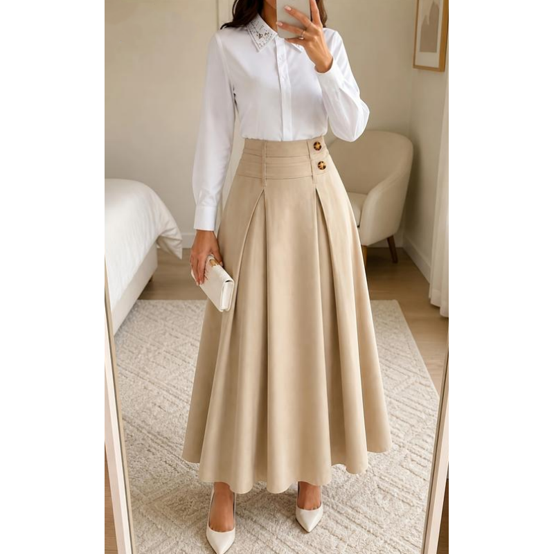 Jupe longue évasée taille haute et plissée pour femme